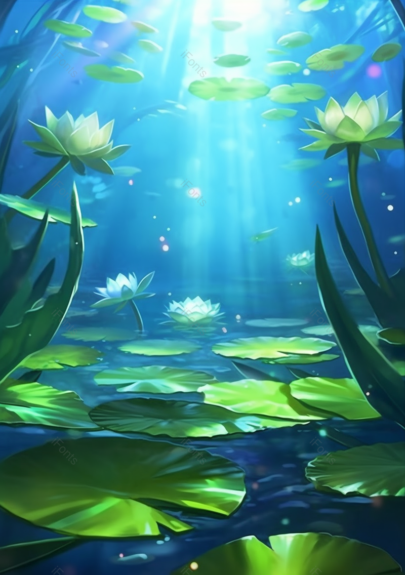 水底莲花盛开唯美插画绿色背景,插画/手绘图,插画/手绘图库,插画/手绘图下载,插画/手绘